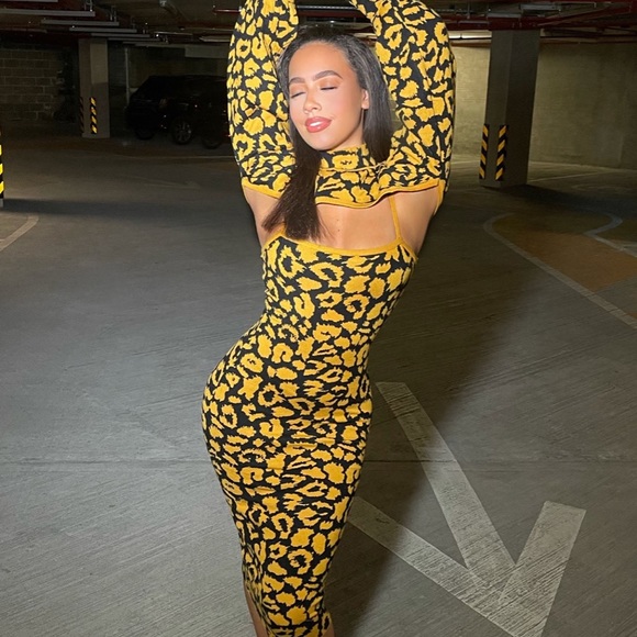 Leopard gold tan black brown turtleneck midi sweater dress 2 piece set - Picture 2 of 4